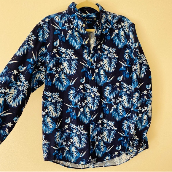 Ralph Lauren blue floral print button down Hawaiian shirt - Picture 4 of 7